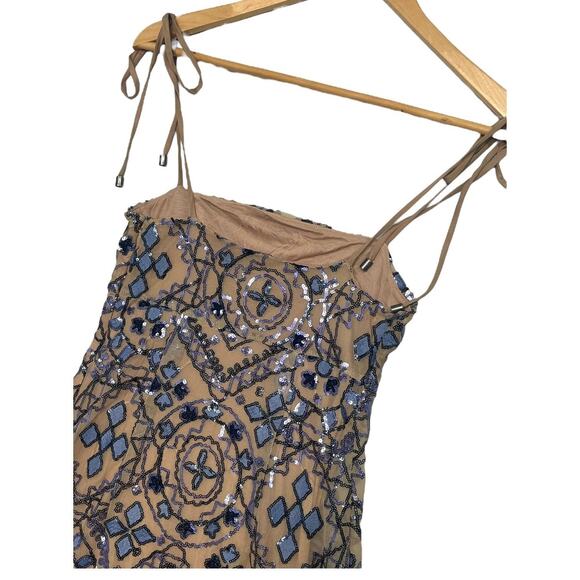 Free People Dress Womens 2 Blue Tan Sequin Mini Boho Festival Party Mesh HOCO - Picture 9 of 12